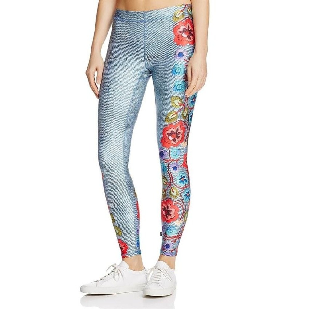 TEREZ Embroidery Leggings XS Blue Floral Denim Print Athletic Yoga Performance